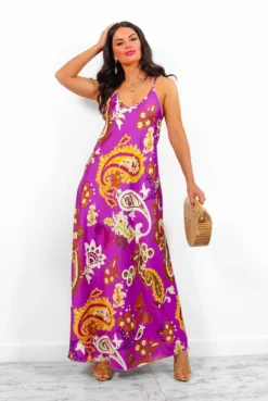 Spring Break - Purple Gold Paisley Print Maxi Slip Dress 8 Spring Break - Purple Gold Paisley Print Maxi Slip Dress -Glamoros Clothing Shop SpringBreak PurpleGoldPaisleyPrintMaxiSlipDress4