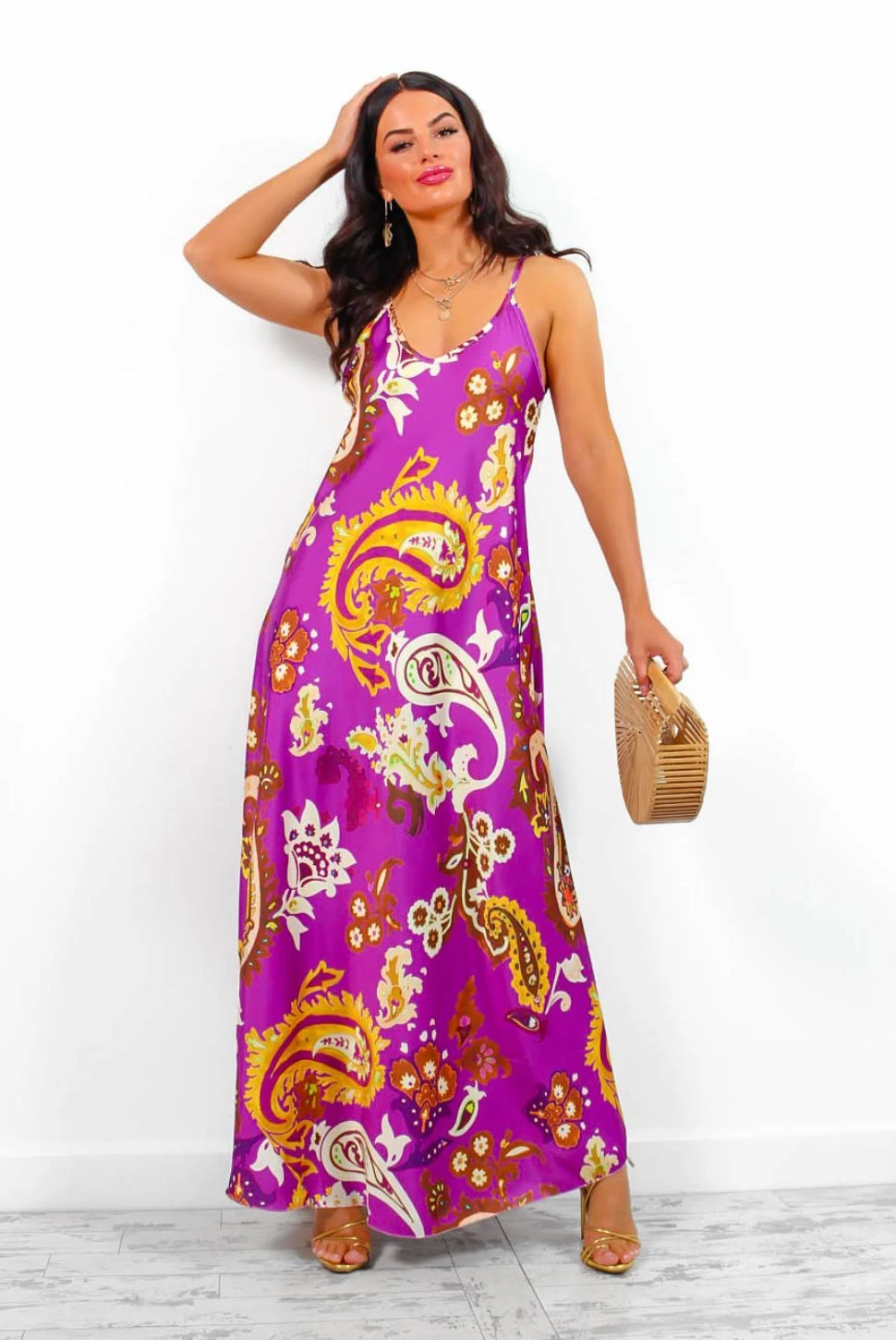 Spring Break - Purple Gold Paisley Print Maxi Slip Dress 3 Spring Break - Purple Gold Paisley Print Maxi Slip Dress - Image 3