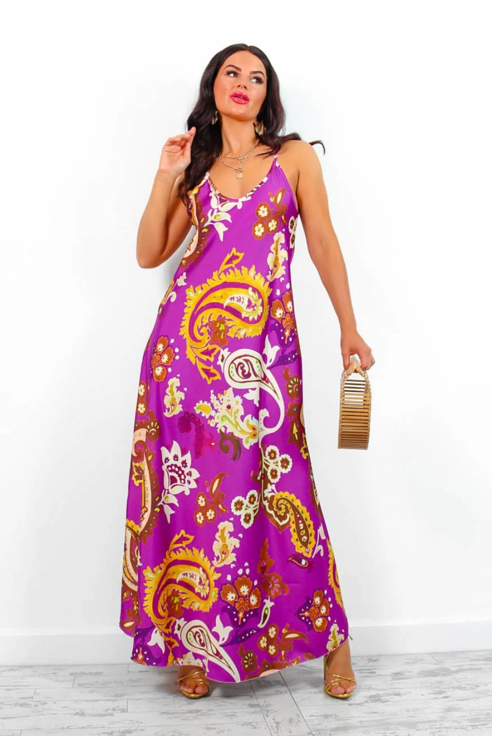 Spring Break - Purple Gold Paisley Print Maxi Slip Dress 1 Spring Break - Purple Gold Paisley Print Maxi Slip Dress