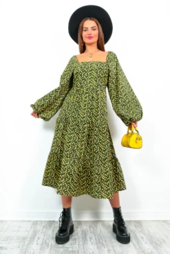 Spring Fling - Black Yellow Floral Print Midi Dress -Glamoros Clothing Shop SpringFling BlackYellowFloralPrintMidiDress1