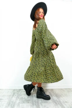 Spring Fling - Black Yellow Floral Print Midi Dress -Glamoros Clothing Shop SpringFling BlackYellowFloralPrintMidiDress2