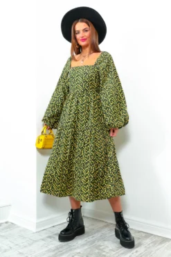 Spring Fling - Black Yellow Floral Print Midi Dress -Glamoros Clothing Shop SpringFling BlackYellowFloralPrintMidiDress3