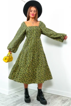 Spring Fling - Black Yellow Floral Print Midi Dress