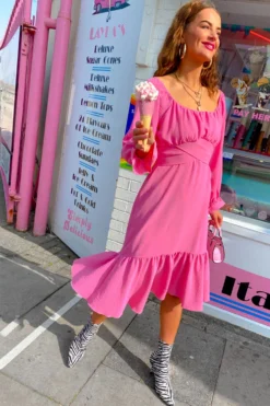 Star Crossed Lovers - Candy Pink Long Sleeve Midi Dress