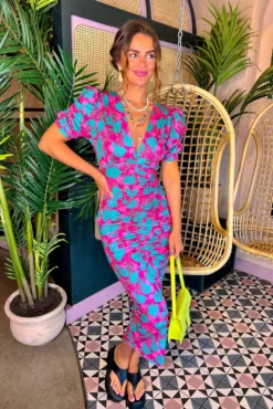 Stay A While - Green Pink Floral Short Sleeved Midi Dress