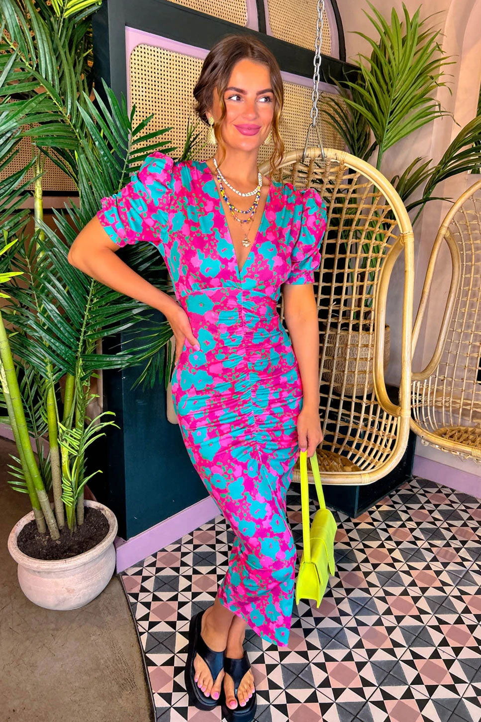 Stay A While - Green Pink Floral Short Sleeved Midi Dress 1 Stay A While - Green Pink Floral Short Sleeved Midi Dress