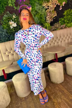 Stay A While - White Multi Spot Ruched Midi Dress -Glamoros Clothing Shop Stay A While White Multi Spot Ruched Midi Dress 3