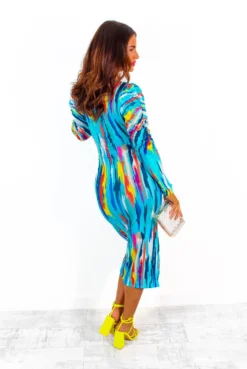 Stay A While - Blue Multi Abstract Print Ruched Midi Dress -Glamoros Clothing Shop StayAWhile BlueMultiAbstractPrintRuchedMidiDress 1