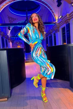 Stay A While - Blue Multi Abstract Print Ruched Midi Dress