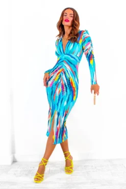 Stay A While - Blue Multi Abstract Print Ruched Midi Dress -Glamoros Clothing Shop StayAWhile BlueMultiAbstractPrintRuchedMidiDress 3
