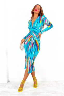 Stay A While - Blue Multi Abstract Print Ruched Midi Dress -Glamoros Clothing Shop StayAWhile BlueMultiAbstractPrintRuchedMidiDress 4
