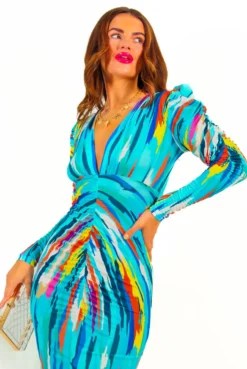 Stay A While - Blue Multi Abstract Print Ruched Midi Dress -Glamoros Clothing Shop StayAWhile BlueMultiAbstractPrintRuchedMidiDress 5
