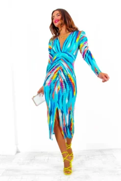 Stay A While - Blue Multi Abstract Print Ruched Midi Dress -Glamoros Clothing Shop StayAWhile BlueMultiAbstractPrintRuchedMidiDress 6