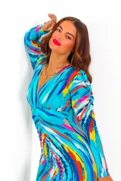 Stay A While - Blue Multi Abstract Print Ruched Midi Dress -Glamoros Clothing Shop StayAWhile BlueMultiAbstractPrintRuchedMidiDress 7