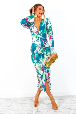 Stay A While - Green Multi Abstract Print Ruched Midi Dress -Glamoros Clothing Shop StayAWhile GreenMultiAbstractPrintRuchedMidiDress 2