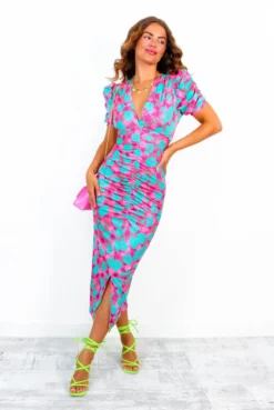 Stay A While - Green Pink Floral Short Sleeved Midi Dress 11 Stay A While - Green Pink Floral Short Sleeved Midi Dress -Glamoros Clothing Shop StayAWhile GreenPinkFloralShortSleevedMidiDress 3