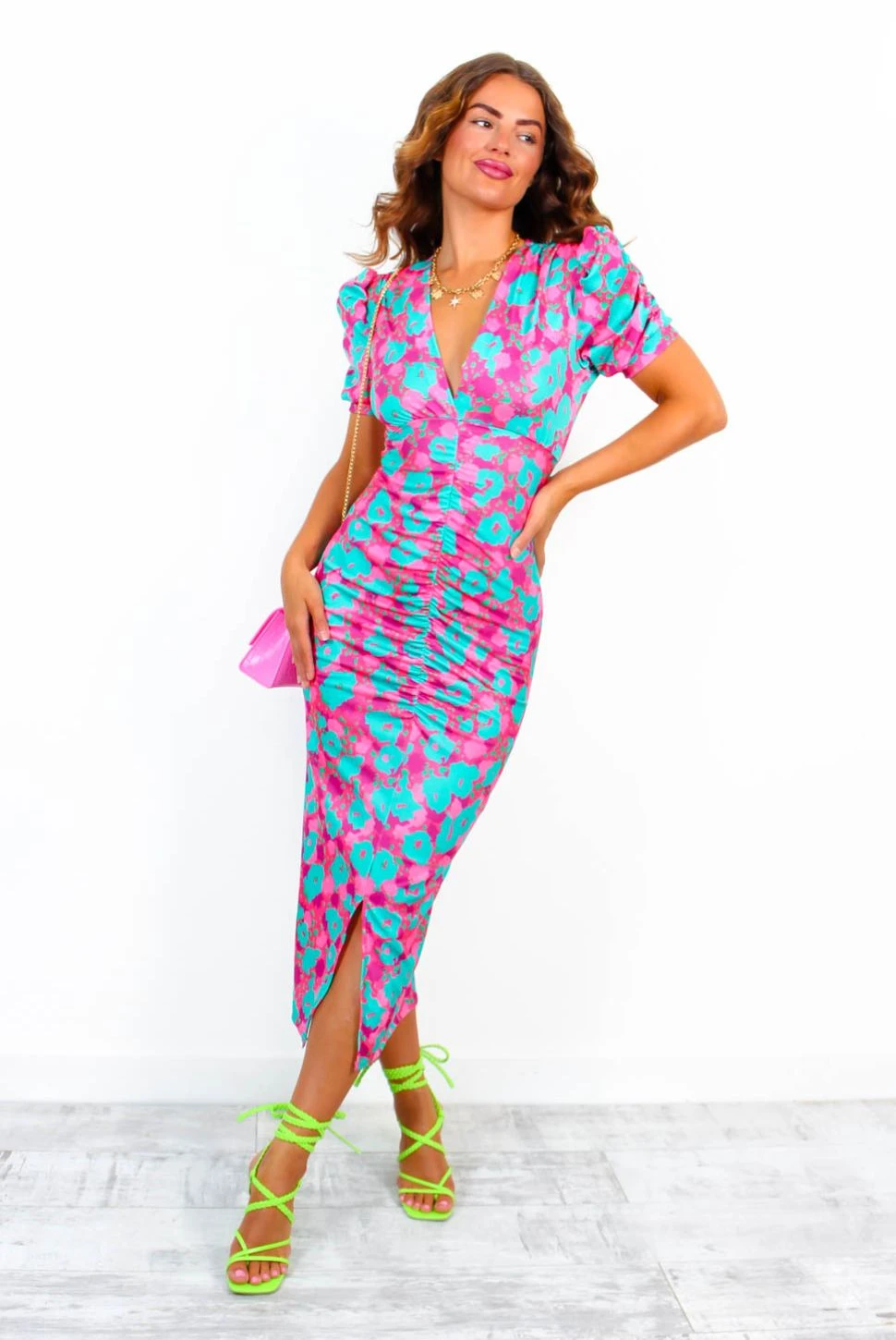 Stay A While - Green Pink Floral Short Sleeved Midi Dress 3 Stay A While - Green Pink Floral Short Sleeved Midi Dress - Image 3