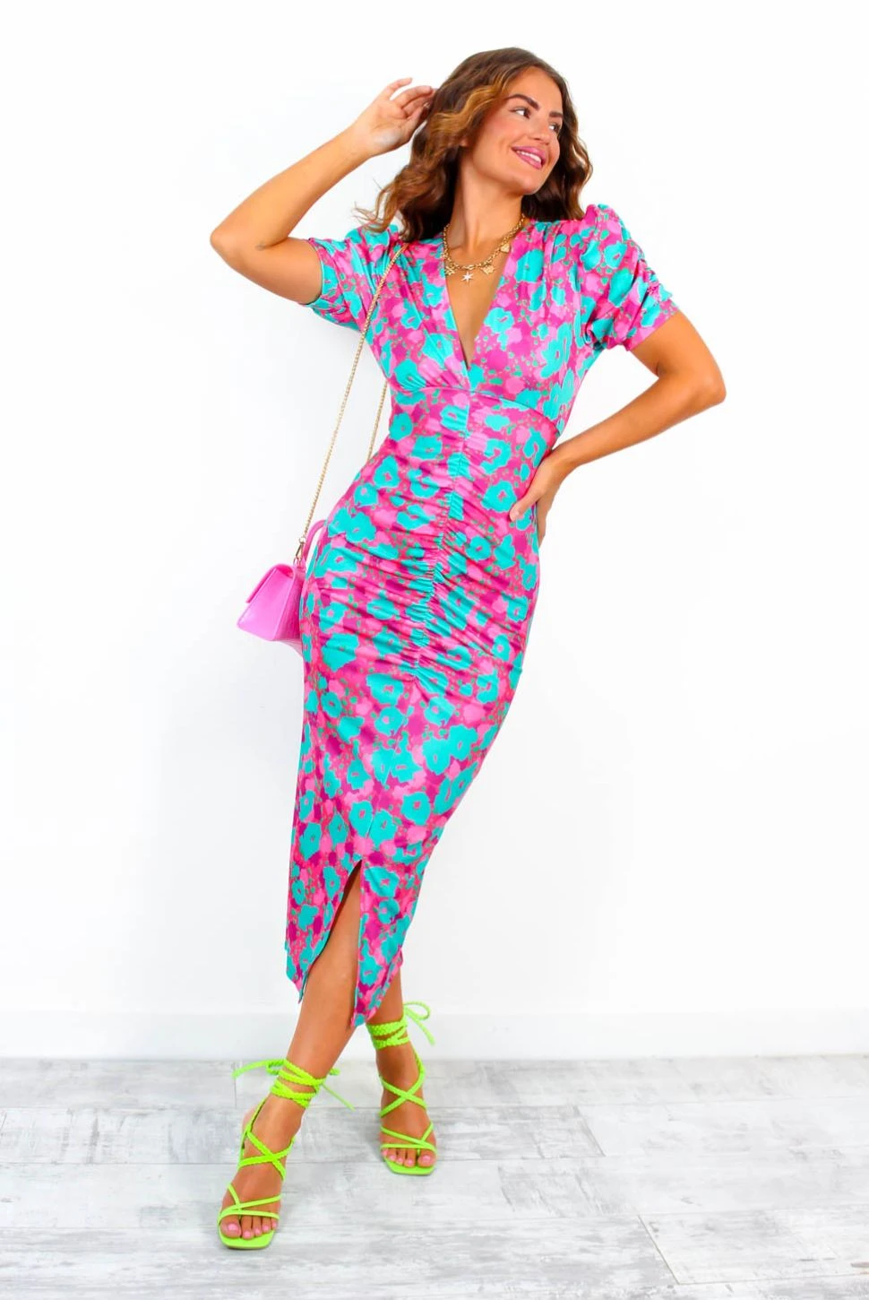 Stay A While - Green Pink Floral Short Sleeved Midi Dress 6 Stay A While - Green Pink Floral Short Sleeved Midi Dress - Image 6