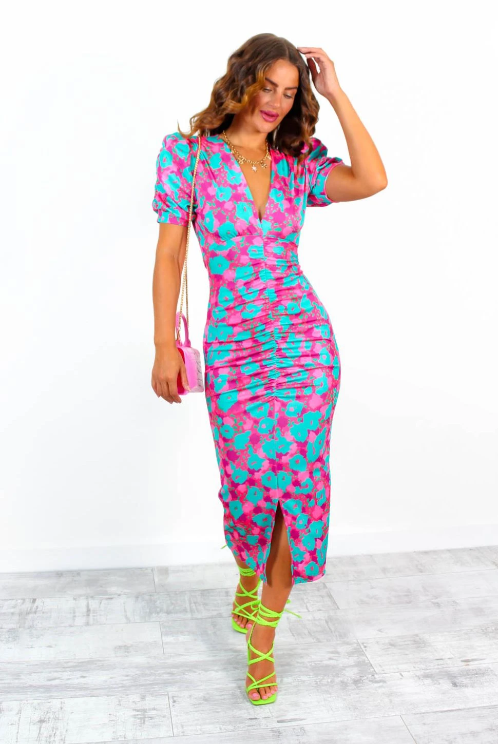 Stay A While - Green Pink Floral Short Sleeved Midi Dress 7 Stay A While - Green Pink Floral Short Sleeved Midi Dress - Image 7