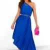 Stay Classy - Cobalt One Shoulder Satin Pleated Midi Dress