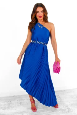 Stay Classy - Cobalt One Shoulder Satin Pleated Midi Dress