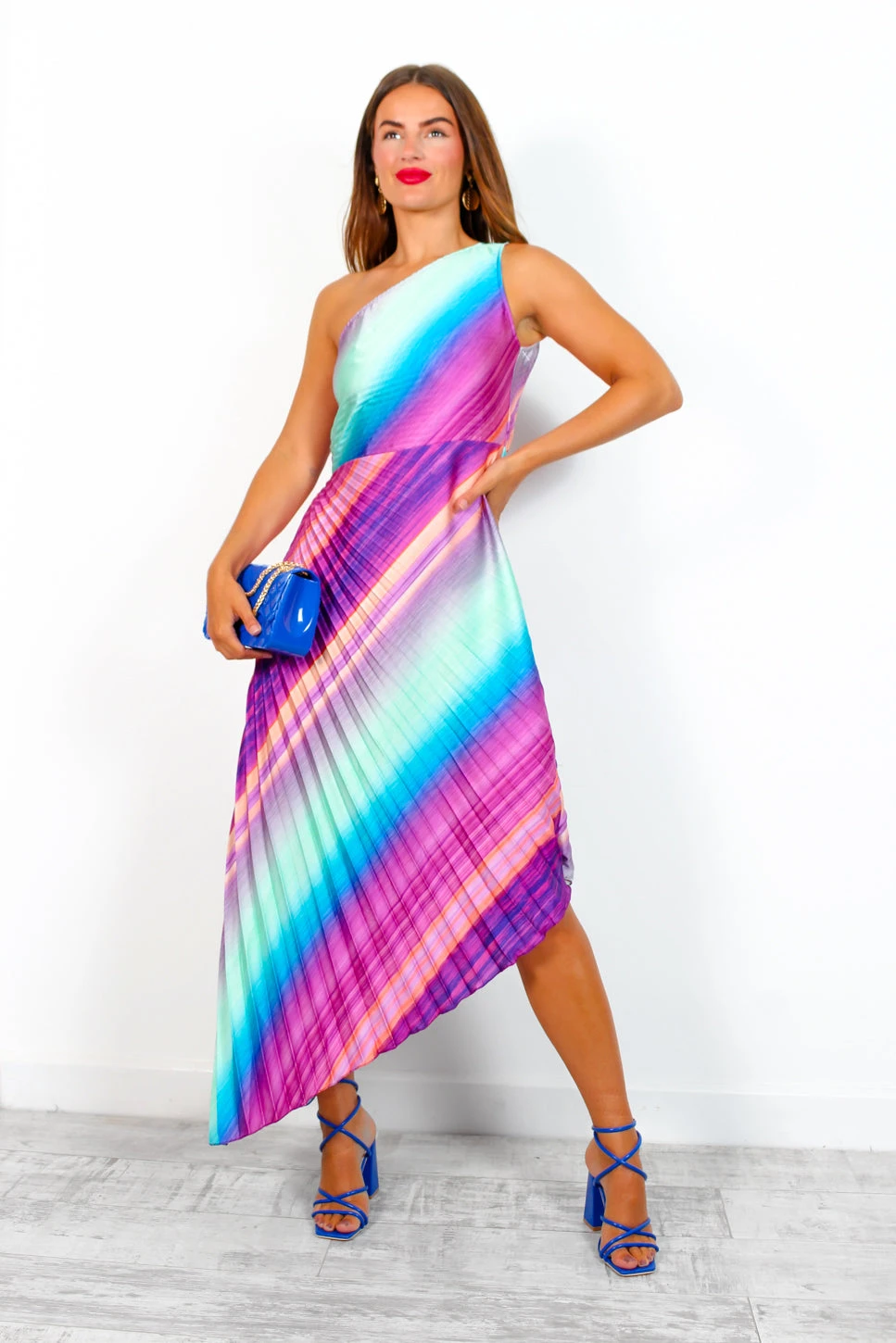 Stay Classy - Multi Pastel Ombre One Shoulder Midi Dress 2 Stay Classy - Multi Pastel Ombre One Shoulder Midi Dress - Image 2