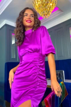 Stole My Heart - Plum Satin Ruched Midi Dress