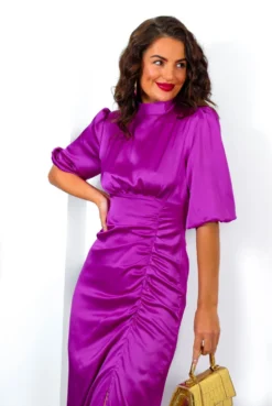 Stole My Heart - Plum Satin Ruched Midi Dress -Glamoros Clothing Shop StoleMyHeart PlumSatinRuchedMidiDress 1