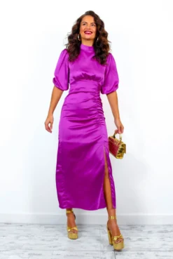 Stole My Heart - Plum Satin Ruched Midi Dress -Glamoros Clothing Shop StoleMyHeart PlumSatinRuchedMidiDress 2