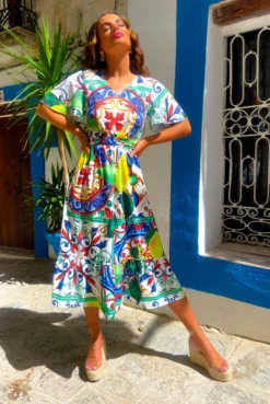 Sweet Serenity - Sicilian Lemon Tile Print Midi Dress