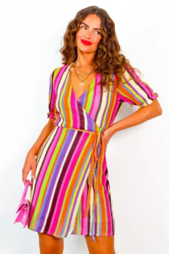Sweet As Can Be - Multi Stripe Mini Wrap Dress