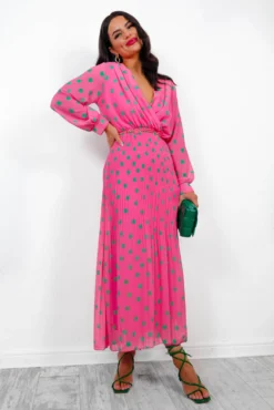 Sweet Intentions - Pink Polka Dot Pleated Maxi Dress