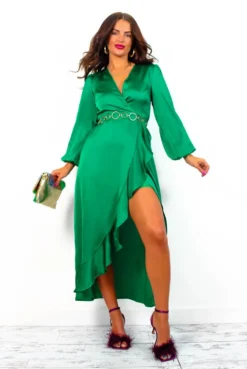 Take Me Out - Emerald Satin Long Sleeve Wrap Maxi Dress
