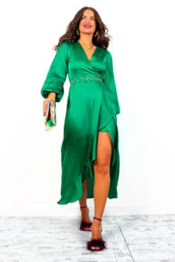 Take Me Out - Emerald Satin Long Sleeve Wrap Maxi Dress -Glamoros Clothing Shop TakeMeOut EmeraldSatinLongSleeveWrapMaxiDress 3