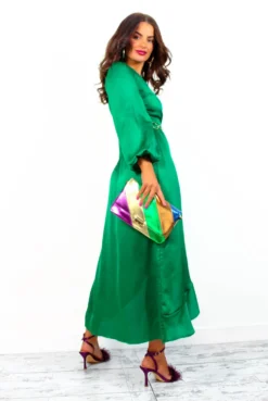Take Me Out - Emerald Satin Long Sleeve Wrap Maxi Dress -Glamoros Clothing Shop TakeMeOut EmeraldSatinLongSleeveWrapMaxiDress 4
