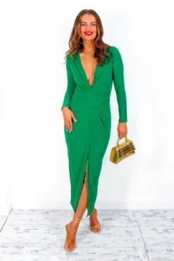 Taking The Plunge - Green Plunge Midi Dress