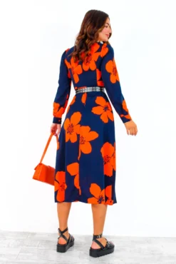 Thats My Opinion - Navy Orange Floral Midi Dress -Glamoros Clothing Shop That sMyOpinion NavyOrangeFloralMidiDress 1