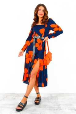 Thats My Opinion - Navy Orange Floral Midi Dress