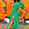 The Girl Is Wild - Green Spotted Maxi Shirt Dress