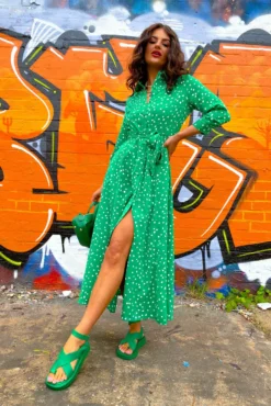 The Girl Is Wild - Green Spotted Maxi Shirt Dress