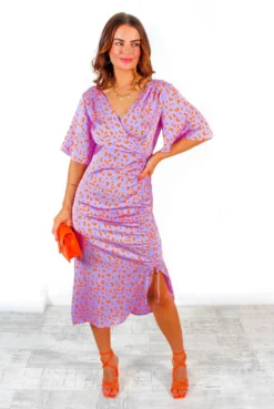 Liquorish The Best Is Yet To Come - Lilac Orange Animal Print Ruched Midi Dress -Glamoros Clothing Shop TheBestIsYetToCome LilacOrangeAnimalPrintRuchedMidiDress 4