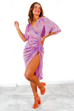 Liquorish The Best Is Yet To Come - Lilac Orange Animal Print Ruched Midi Dress -Glamoros Clothing Shop TheBestIsYetToCome LilacOrangeAnimalPrintRuchedMidiDress 6