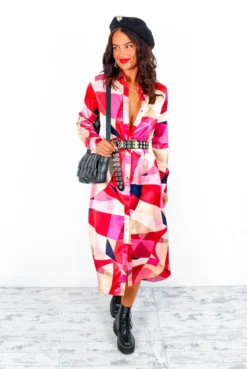 The Girl Is Sensational - Pink Abstract Print Midi Dress -Glamoros Clothing Shop TheGirlIsSensational PinkRetroPrintMidiDress1