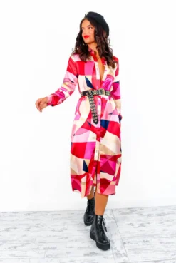 The Girl Is Sensational - Pink Abstract Print Midi Dress -Glamoros Clothing Shop TheGirlIsSensational PinkRetroPrintMidiDress6