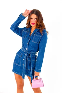The One That I Want - Denim Belted Button Up Mini Dress -Glamoros Clothing Shop TheOneThatIWant DenimBeltedButtonUpMiniDress 4