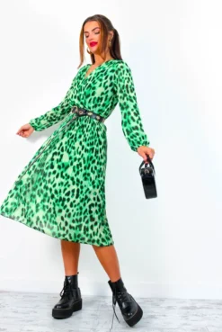 The Pleat Goes On - Green Black Animal Print Pleated Midi Dress -Glamoros Clothing Shop ThePleatGoesOn GreenBlackAnimalPrintPleatedMidiDress 14