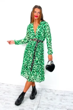 The Pleat Goes On - Green Black Animal Print Pleated Midi Dress -Glamoros Clothing Shop ThePleatGoesOn GreenBlackAnimalPrintPleatedMidiDress 16