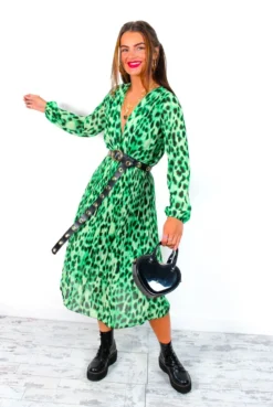 The Pleat Goes On - Green Black Animal Print Pleated Midi Dress