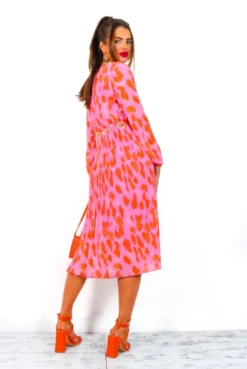 The Pleat Goes On - Pink Orange Animal Print Pleated Midi Dress -Glamoros Clothing Shop ThePleatGoesOn PinkOrangeAnimalPrintPleatedMidiDress
