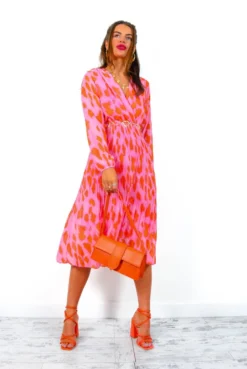 The Pleat Goes On - Pink Orange Animal Print Pleated Midi Dress -Glamoros Clothing Shop ThePleatGoesOn PinkOrangeAnimalPrintPleatedMidiDress 1